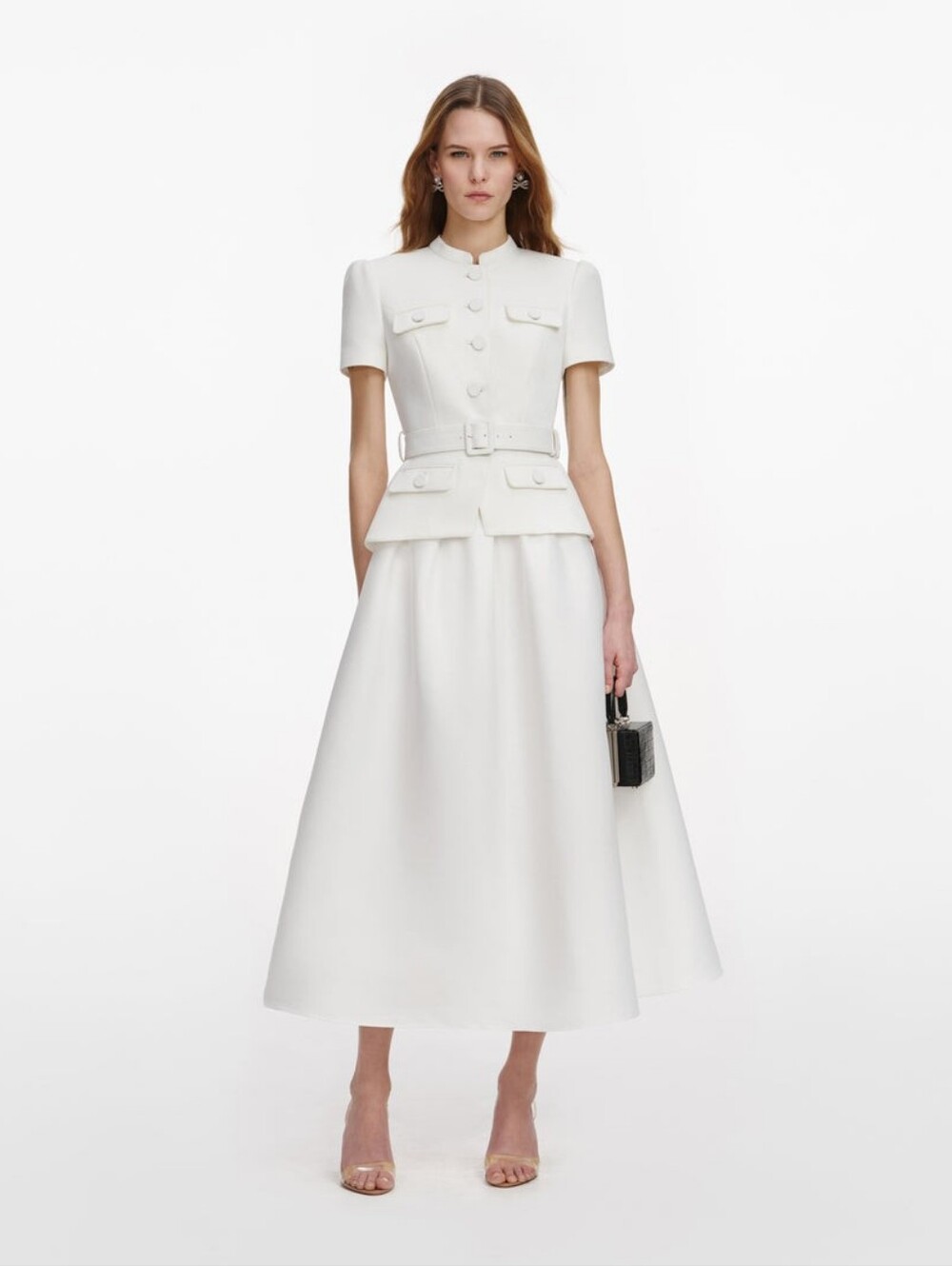 Self Portrait White Tailored Taffeta Midi Dress